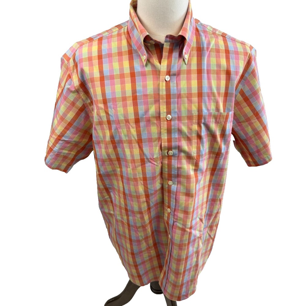 Brooks Brothers 346 Short Sleeve Non-Iron Cotton Plaid Shirt Mens Large